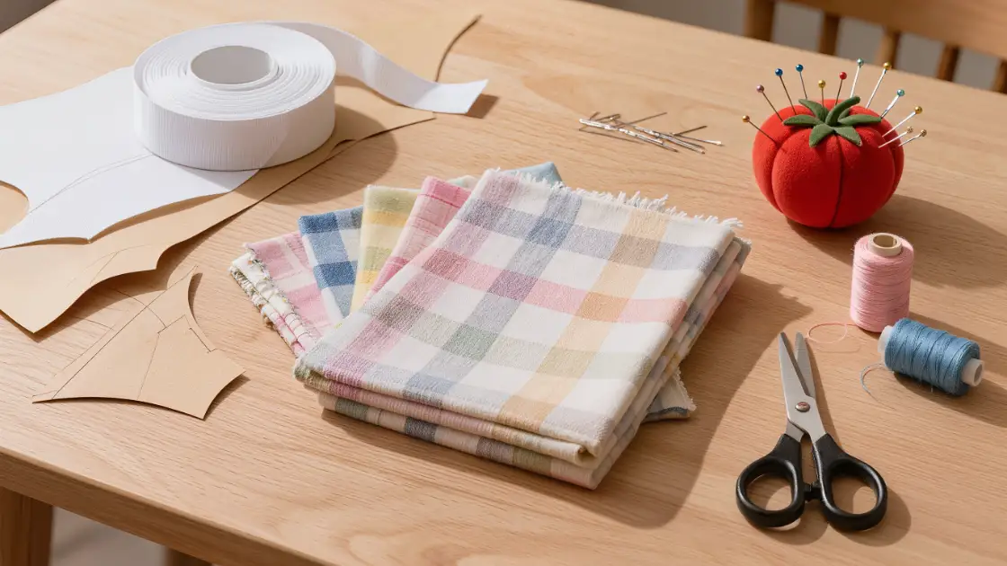 Franela a cuadros, patrón de papel kraft, elástico ancho, alfileres, hilos y tijeras sobre una mesa de madera