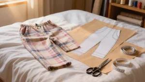 Pantalón de pijama de franela a cuadros sobre la cama junto a un patrón trazado en papel kraft, con cinta métrica y tijeras