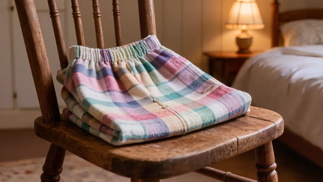 Pantalón de pijama de franela a cuadros doblado sobre una silla de madera en un dormitorio cálido