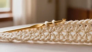 Cadena base de crochet en algodón crema con lazadas parejas y un ganchillo dorado apoyado encima