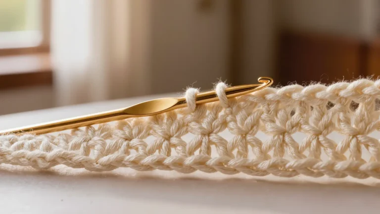 Cadena base de crochet en algodón crema con lazadas parejas y un ganchillo dorado apoyado encima