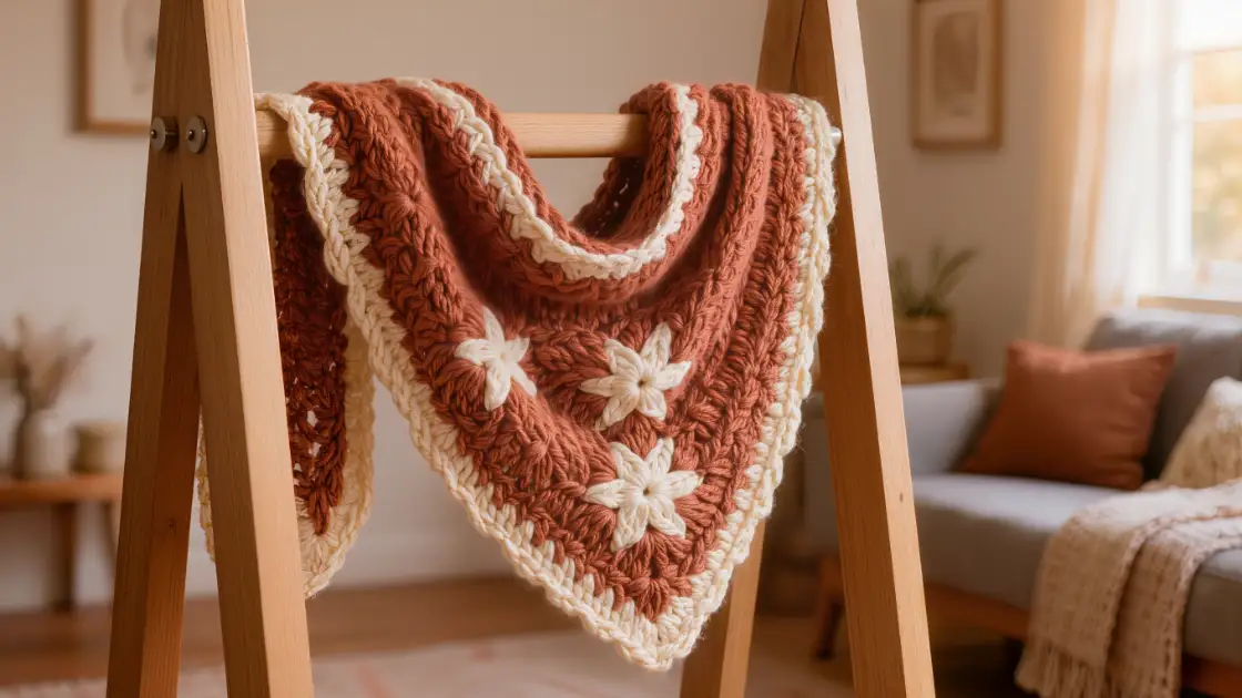 Bufanda de crochet en punto estrella color terracota con borde crema colgada en un perchero de madera
