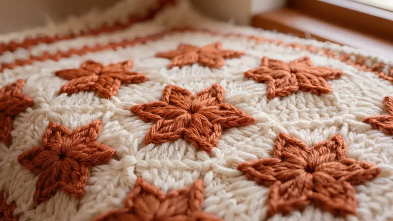 Primer plano de una manta tejida a crochet en punto estrella con lana terracota y crema, textura de estrellitas bien visible