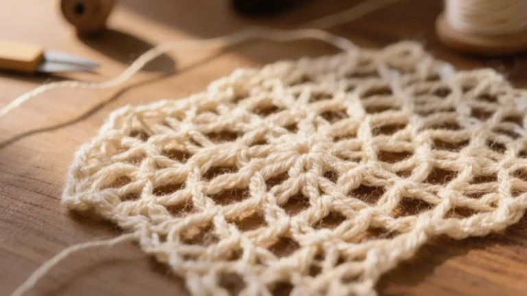 Punto malla o red tejido a crochet en algodón claro, tejido abierto de verano