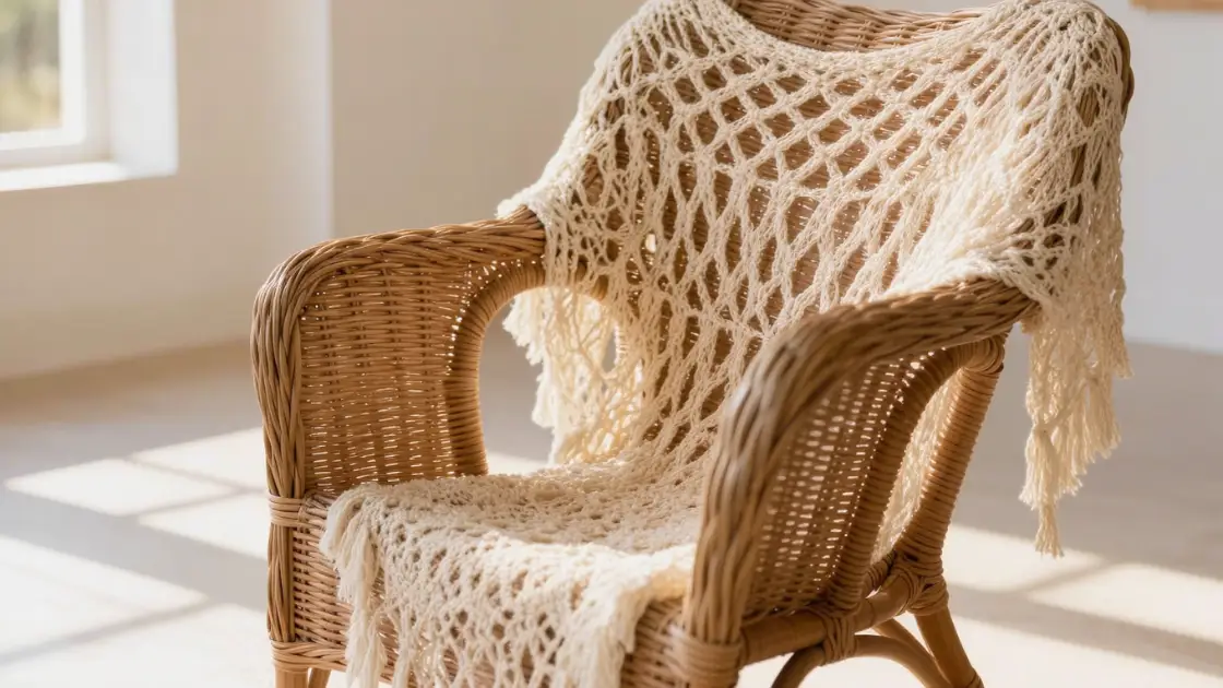 Top de verano en punto malla de algodón claro sobre una silla de mimbre