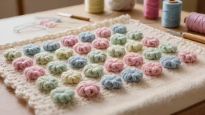 Tejido a crochet con punto puff en relieve, hilo pastel
