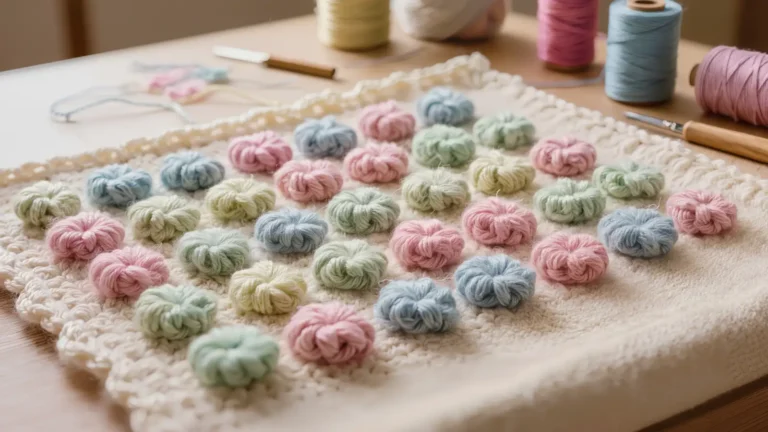 Tejido a crochet con punto puff en relieve, hilo pastel