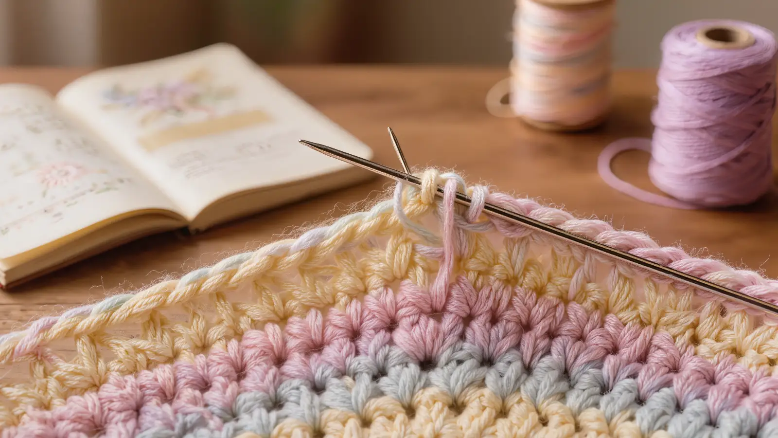 Aguja lanera escondiendo la hebra por el revés del crochet
