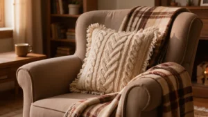 Cojín decorativo hecho con un suéter de punto trenzado color avena sobre un sillón con manta de cuadros