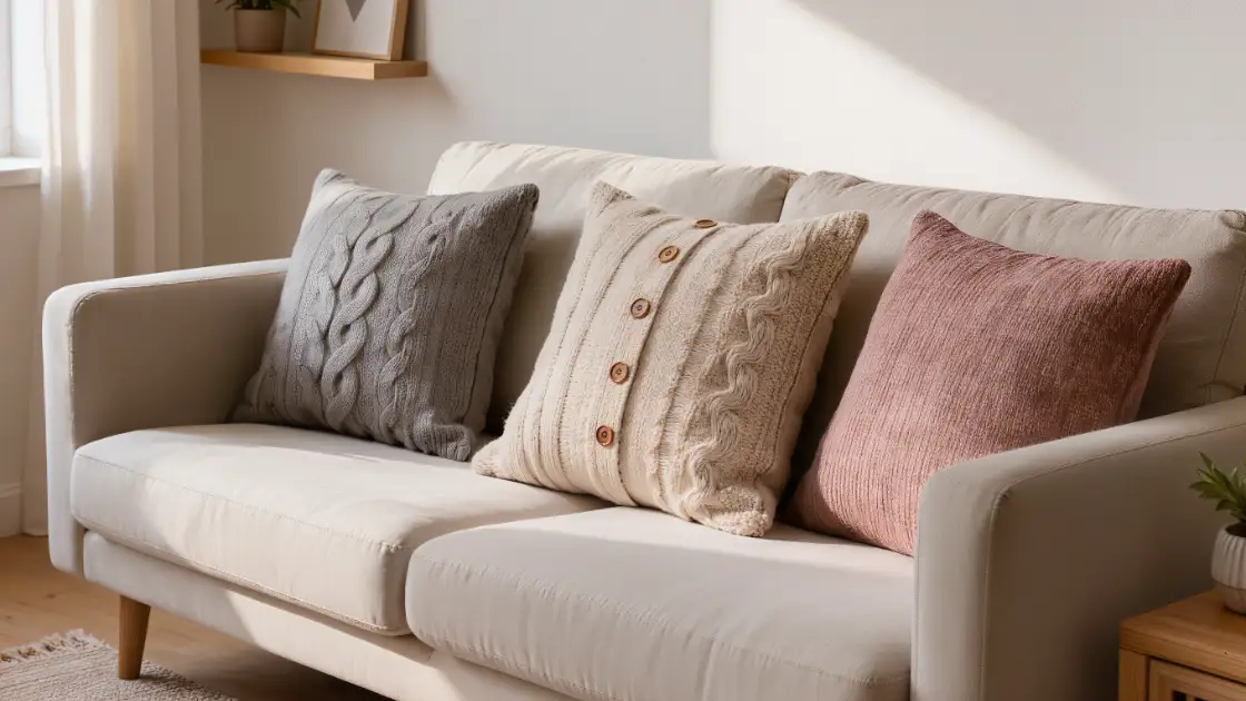 Rincón de sofá con tres cojines hechos de suéteres reciclados en beige, gris y rosa viejo, uno con botones de madera