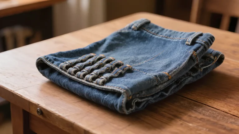 Pretina de jeans con varias trabillas de tela cosidas de forma pareja, sin cinturon