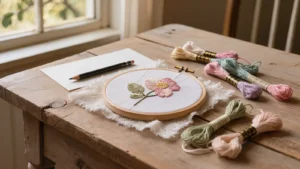 Bastidor de bordado con un diseño floral calcado en la tela, listo para bordar