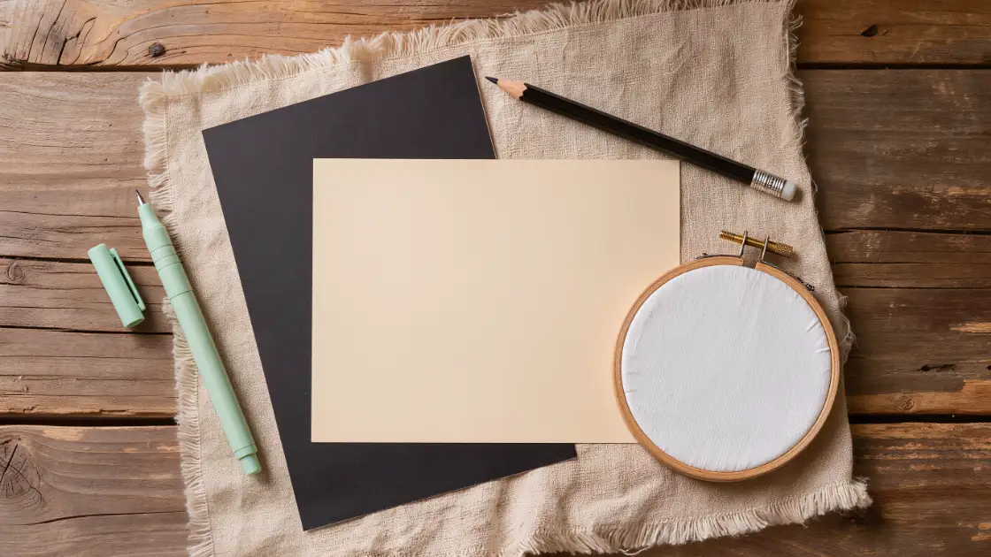 Materiales para transferir un diseño de bordado sobre una mesa de madera