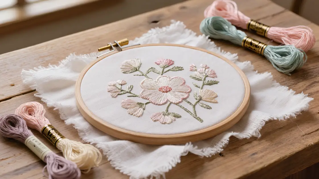 Tela con un patrón floral transferido, lista para bordar
