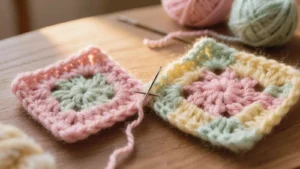 Dos cuadrados de crochet unidos con una costura casi invisible y aguja lanera