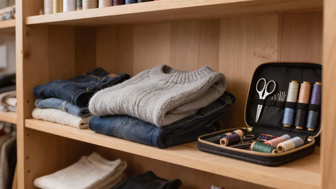 Jeans oscuros y suéter doblados y reparados, sin agujeros a la vista, sobre un estante de madera con costurero